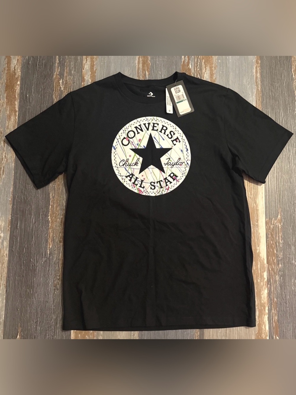 Converse All Star Logo T Shirt Black Mens Large Paint Splatter Skater Tee NEW